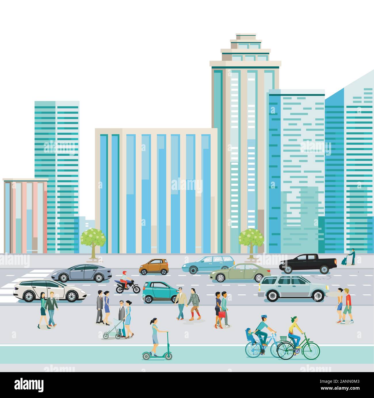 Centro Città con pedoni e automobili su strada urbana Illustrazione Vettoriale