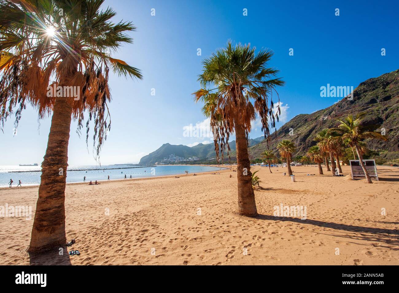 Playa de Las Teresitas è la più bella spiaggia dell'isola Canarie Tenerife. La sabbia bianca è stata spedita dal deserto del Sahara. Foto Stock