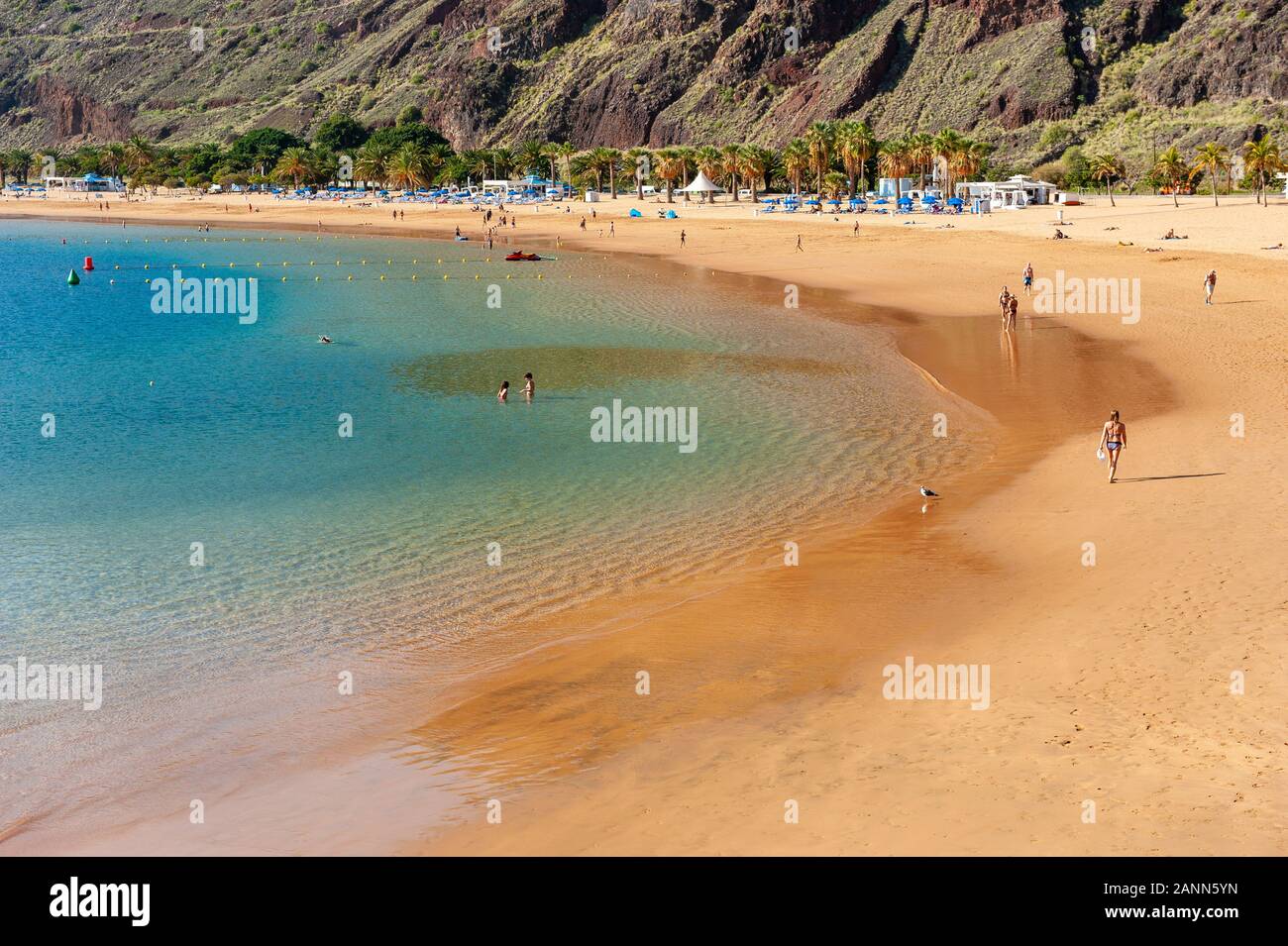 Playa de Las Teresitas è la più bella spiaggia dell'isola Canarie Tenerife. La sabbia bianca è stata spedita dal deserto del Sahara. Foto Stock