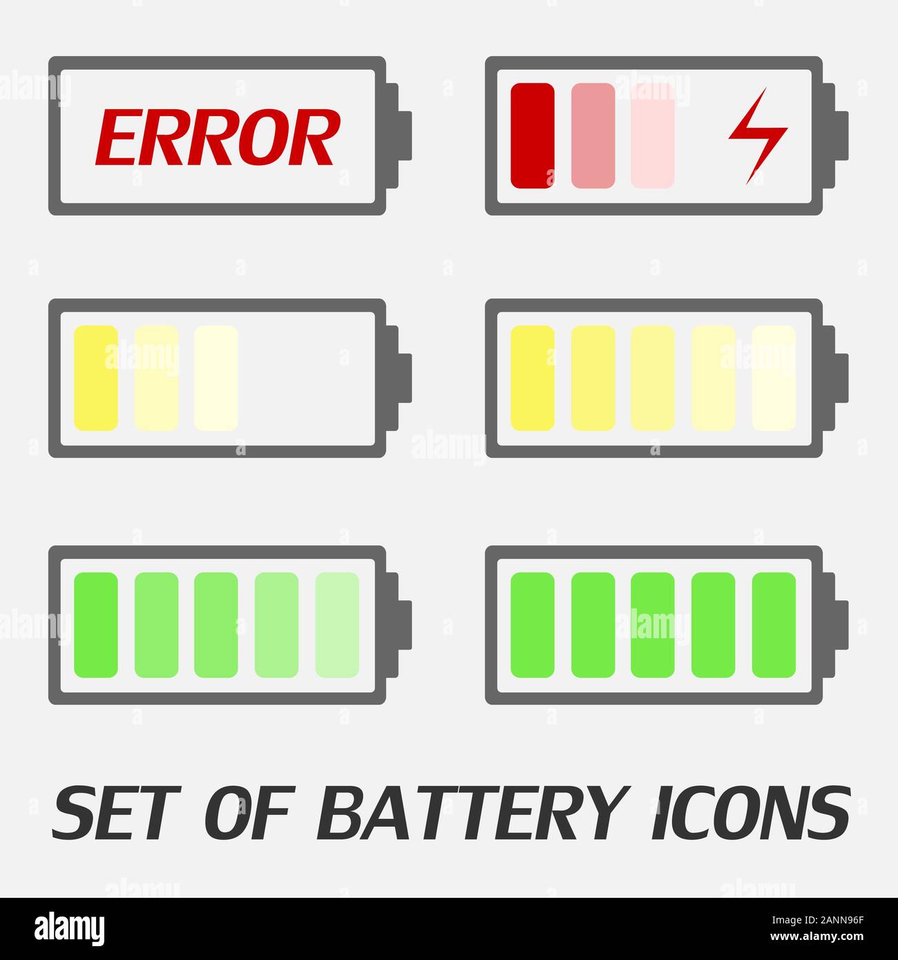 Icona della batteria in carica - illustrazione vettoriale. Le icone della batteria con vari livelli di carica. Impostare il colore delle icone della batteria livello di carica Illustrazione Vettoriale