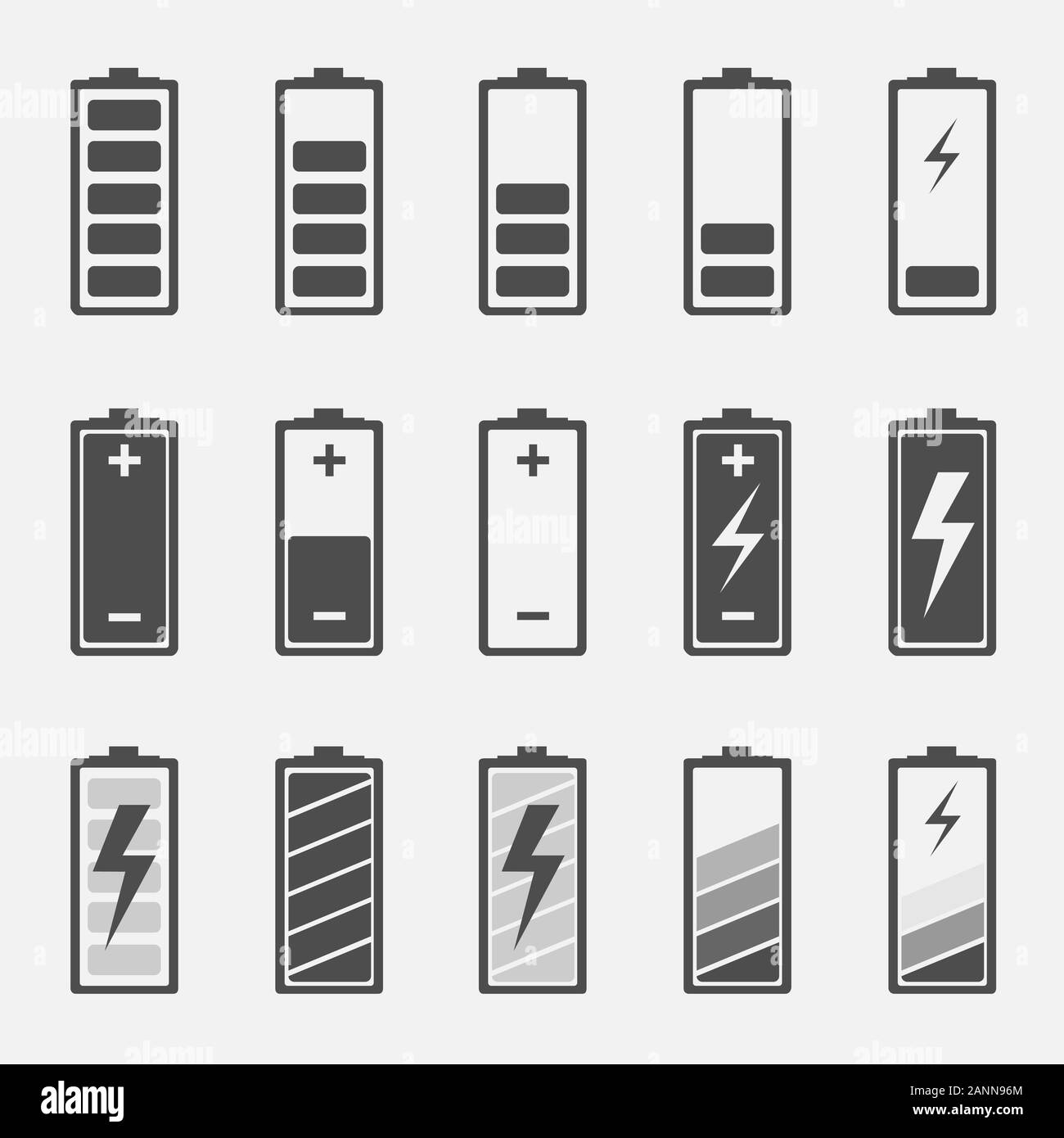 Livello di carica della batteria le icone - illustrazione vettoriale. Le icone della batteria con vari livelli di carica. Set di monocromatico icone della batteria livello di carica Illustrazione Vettoriale