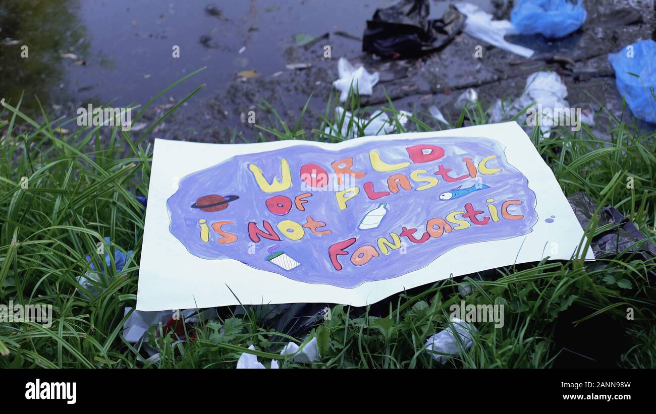 Pittura con il mondo di plastica non è fantastica la frase giacenti sui rifiuti dal lago Foto Stock