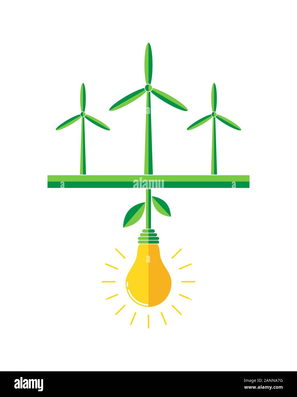 Le turbine eoliche generatori del campo - illustrazione vettoriale. Campo verde con turbina eolica e la pianta a forma di lampadina nel centro. Co Illustrazione Vettoriale