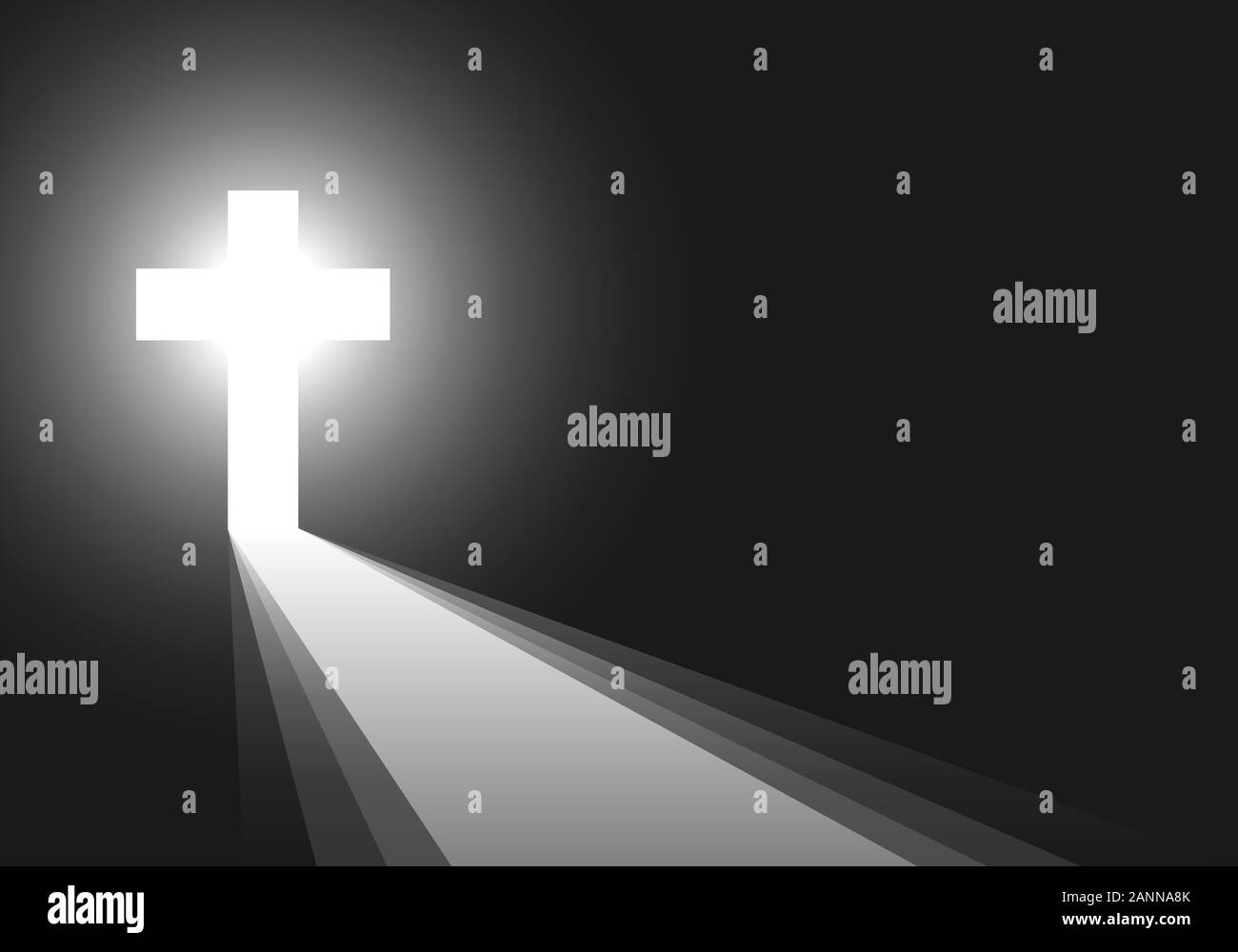 Icona a forma di croce - illustrazione vettoriale. Semplice cristiano segno a forma di croce. La croce bianca su sfondo nero con i raggi di luce. Concetto della vita dopo la morte. Illustrazione Vettoriale