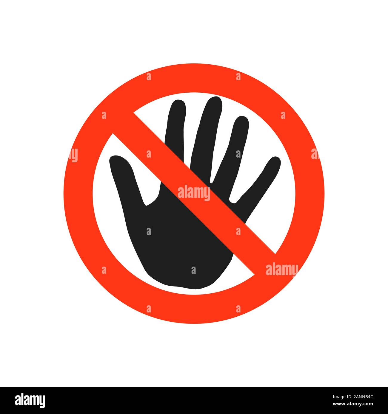 Nessuna voce. Il segnale di arresto. La Mano Nera segno isolato su sfondo bianco. Rosso simbolo di arresto in un cerchio crociato. Segno a mano per le attività vietate. Il vettore Illustrazione Vettoriale