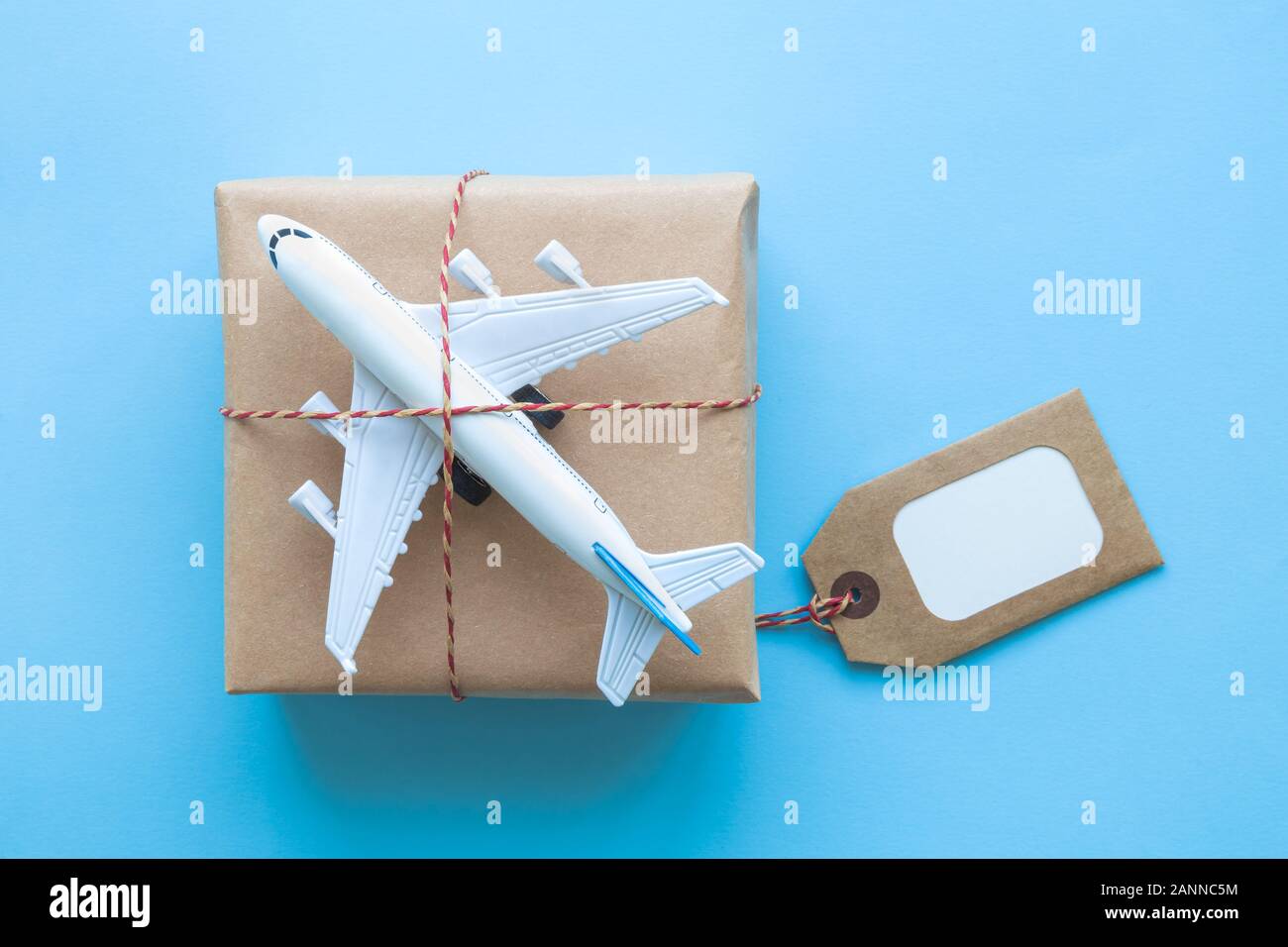 Piatto di laici confezione con etichetta vuota e modello di aeroplano pastello su sfondo blu. La logistica di spedizione minimo di trasporto concetto creativo. Foto Stock