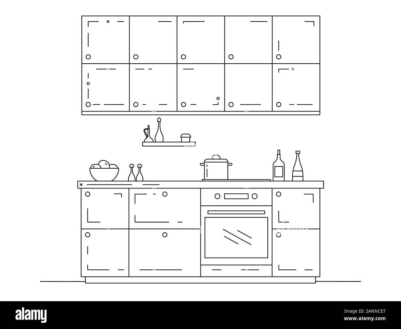 Cucina moderna. Mobili per cucina con lavello e piano cottura e cappa aspirante. Illustrazione Vettoriale in un stile lineare. Illustrazione Vettoriale
