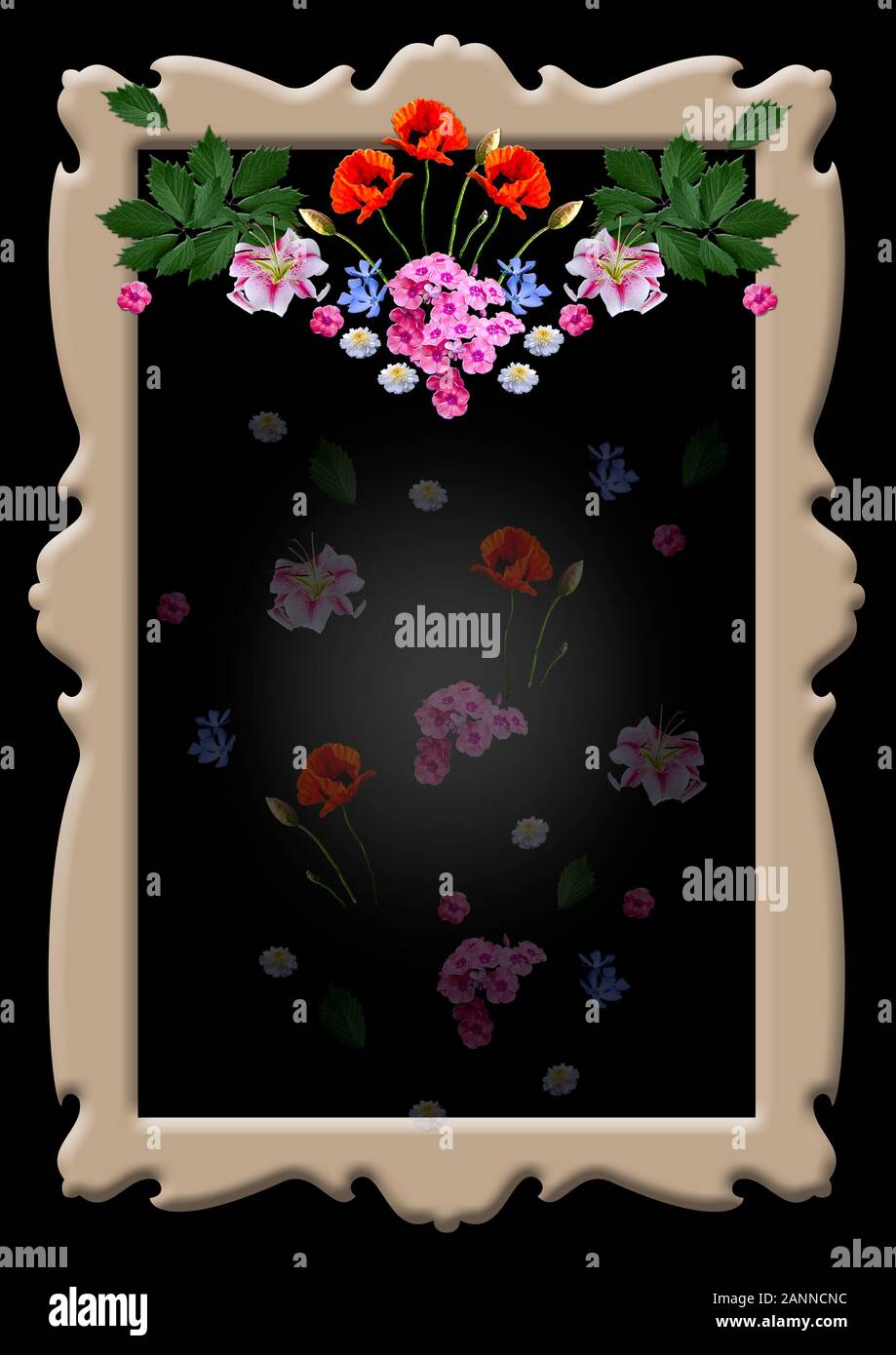 Il beige vintage telaio ricci con una ghirlanda di giglio, papavero, pervinca, Phlox fiori con foglie e trasparente di piccoli fiori su sfondo nero Foto Stock