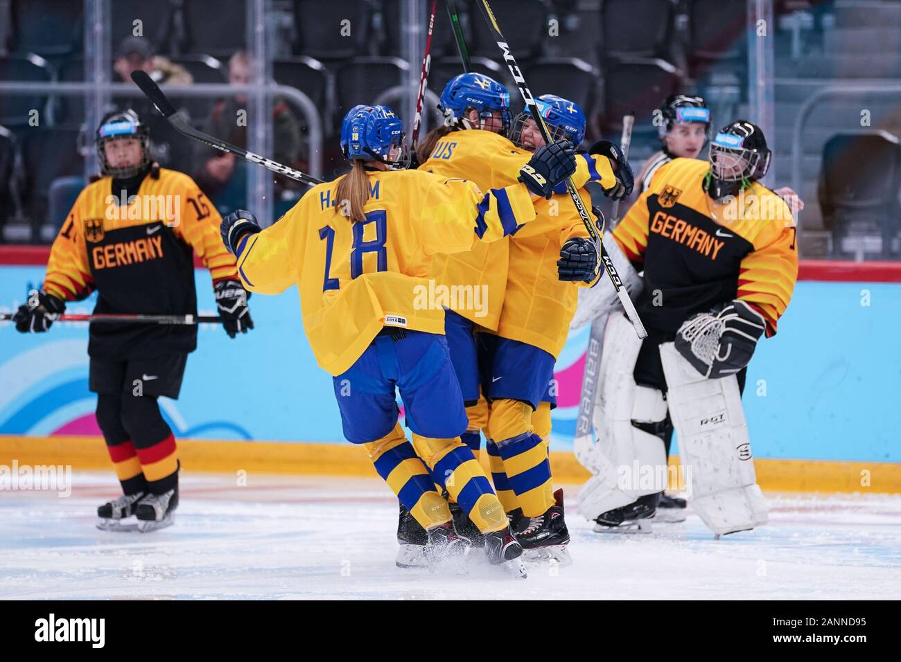 18.1.2020, Losanna, Vodese Arena, YOG 2020 - Donne - Germania - Svezia La Svezia ha celebrato l'obiettivo Foto Stock