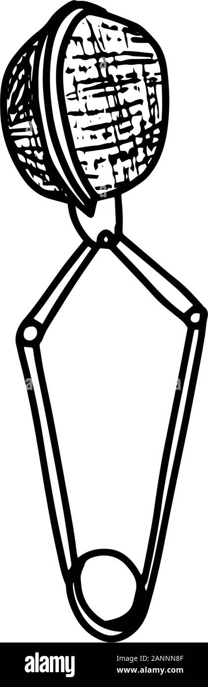Ferro o metallo o vaglio di alluminio per la preparazione del tè isolati su sfondo bianco. Rifiuti Zero, concetto di riciclaggio. Libera di plastica. Mano bozzetto illustrat Illustrazione Vettoriale