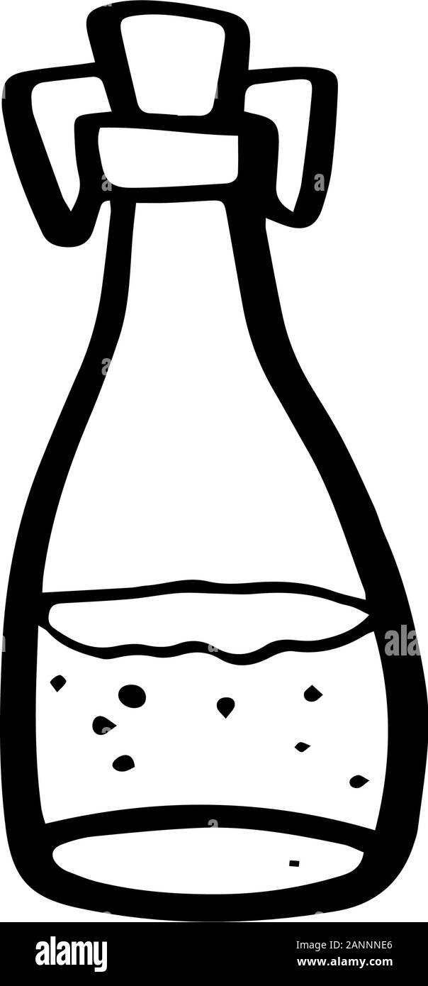 Bottiglia di vetro per mandorla o di cocco o la canapa o vegano olio in stile doodle isolati su sfondo bianco. Prodotto organico. Bottiglia di magia. Il vettore ha contorno Illustrazione Vettoriale