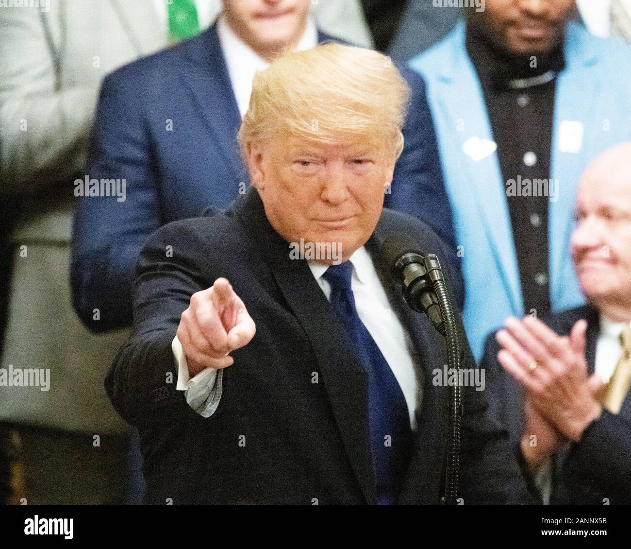 Presidente Donald Trump parla a est Camera durante l'occasione della visita del 2019 College Football campioni nazionali, le università dello stato della Louisiana Tigers, alla Casa Bianca. Foto Stock