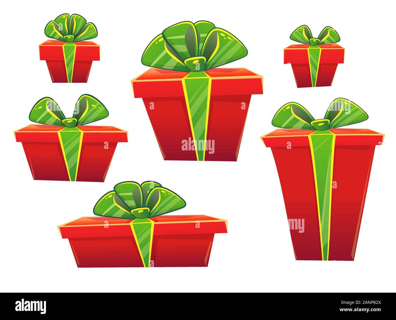Set di colore rosso brillante confezioni regalo con archetti e nastri di dimensioni diverse . illustrazione vettoriale isolato su bianco Illustrazione Vettoriale