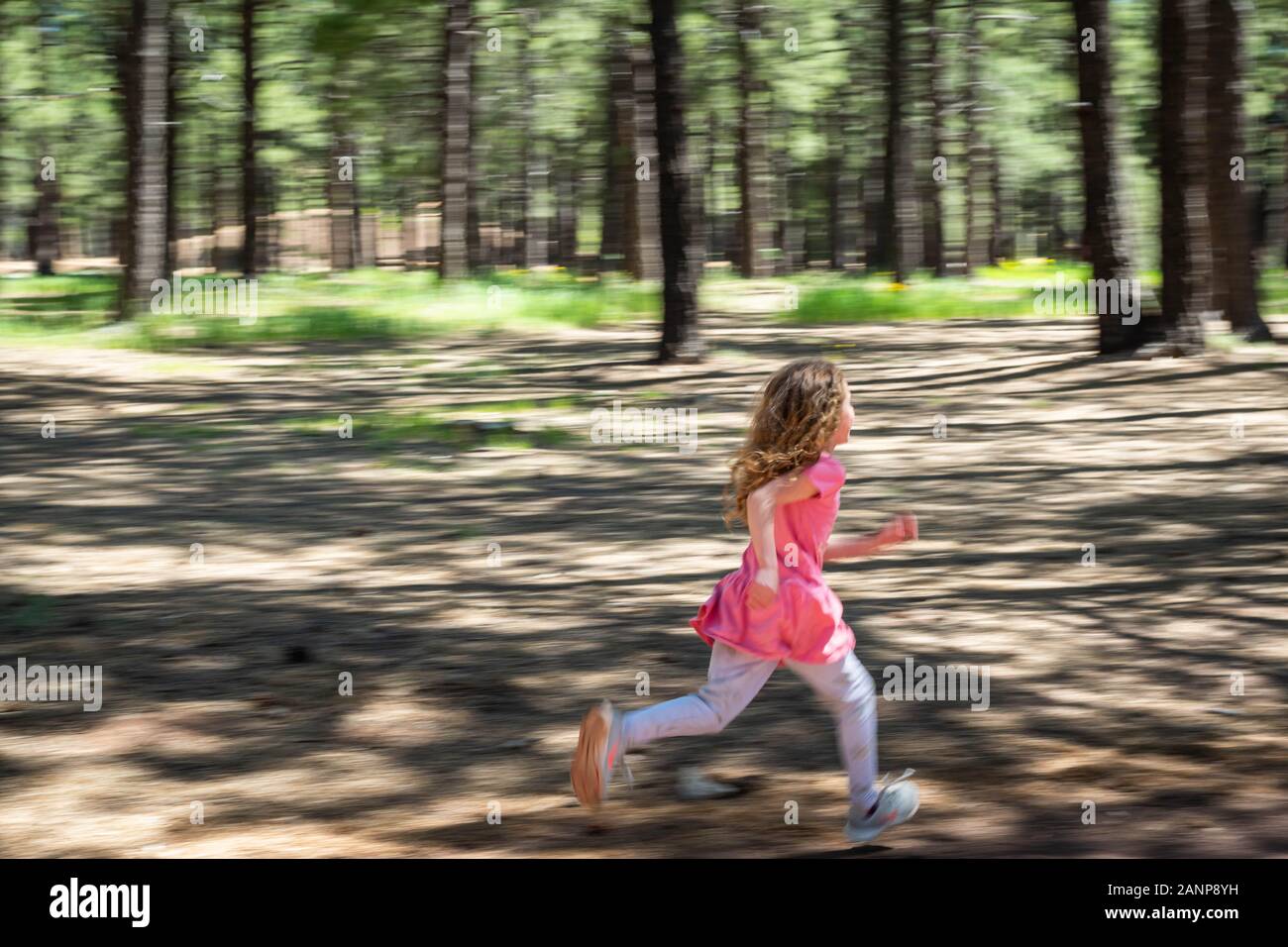 Una ragazza bionda che indossa un abito rosa corre attraverso la foresta in una giornata di sole. I suoi capelli ricci rimbalza con il vento della sua velocità. Foto Stock