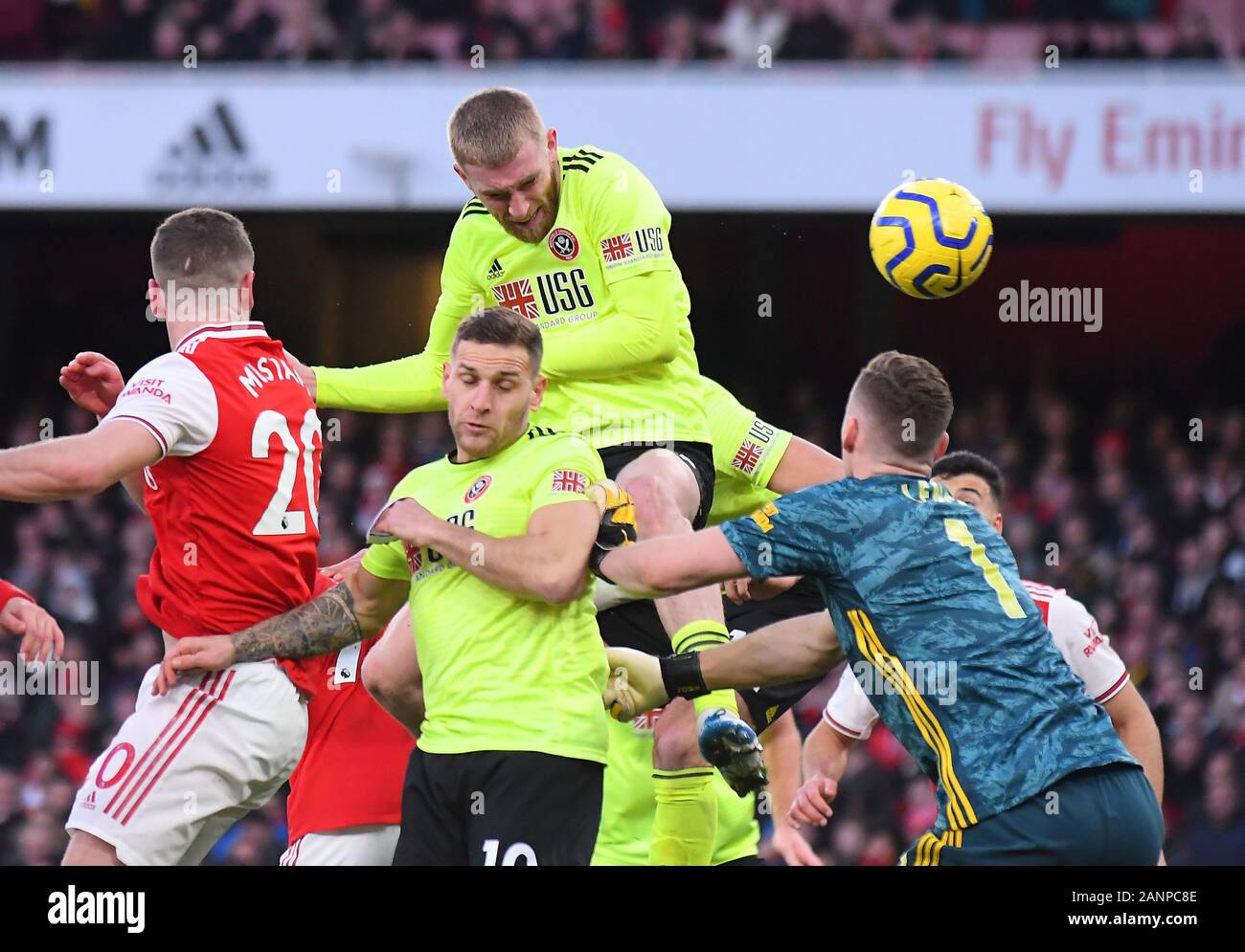 Londra, Inghilterra - Gennaio 18, 2020: Oli McBurnie di Sheffield mostrato durante il 2019/20 Premier League tra Arsenal e Sheffield United FC all'Emirates Stadium. Foto Stock