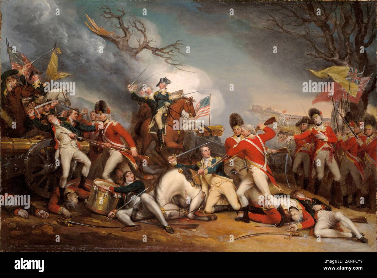 La morte del generale Mercer alla battaglia di Princeton, 3 Gennaio 1777 da John Trumbull, (British capitano William Leslie, mostrato sulla destra, mortalmente feriti). La guerra rivoluzionaria americana Foto Stock