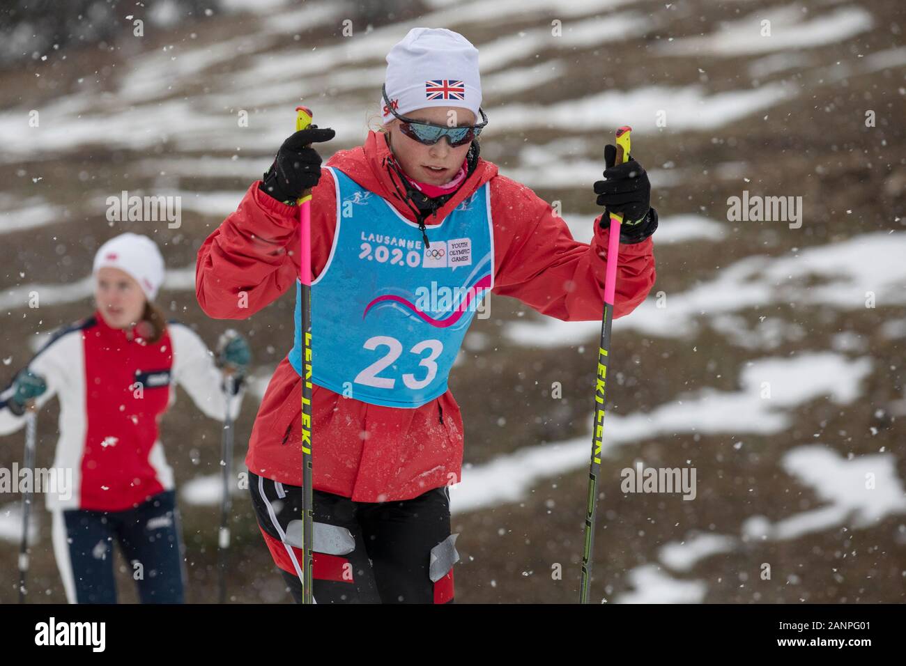 Team GBs Mani Cooper (16) durante la formazione Combinata nordica ai Giochi Olimpici Giovanili di Losanna 2020 il 17h gennaio 2020 presso Les Tuffes in Francia Foto Stock