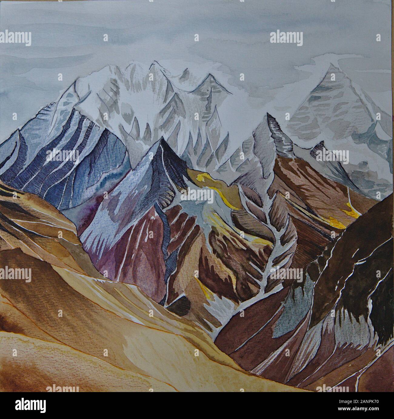 La pittura ad acquerello della gamma della montagna in Nepal Foto Stock