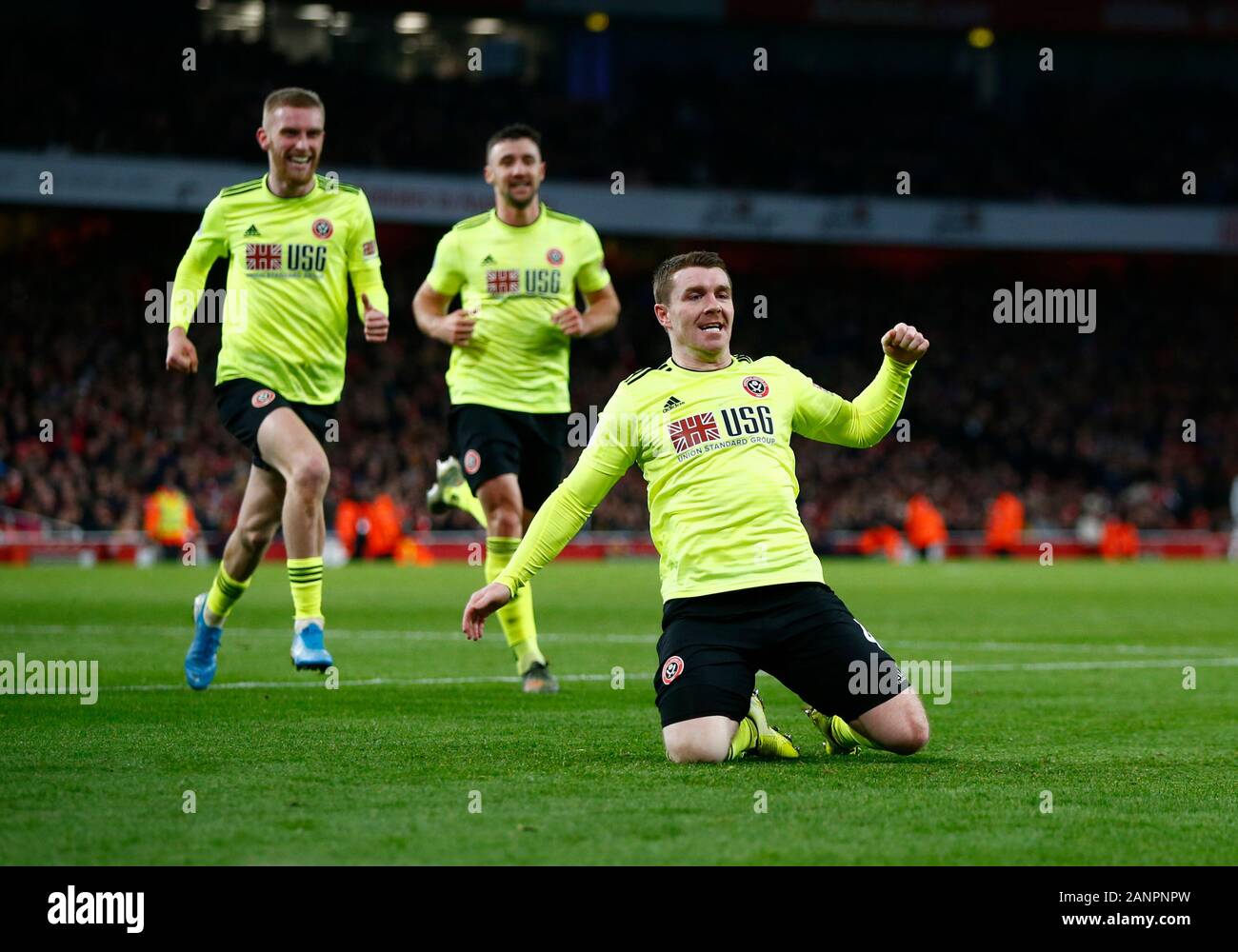 L'Emirates Stadium, Londra, Regno Unito. 18 gennaio 2020. John Fleck di Sheffield Regno celebra il suo obiettivo durante la Premier League inglese match tra Arsenal e Sheffield Regno il 18 gennaio 2020 presso l'Emirates Stadium di Londra, Inghilterra. Foto di AFS/Espa-Images) Foto Stock