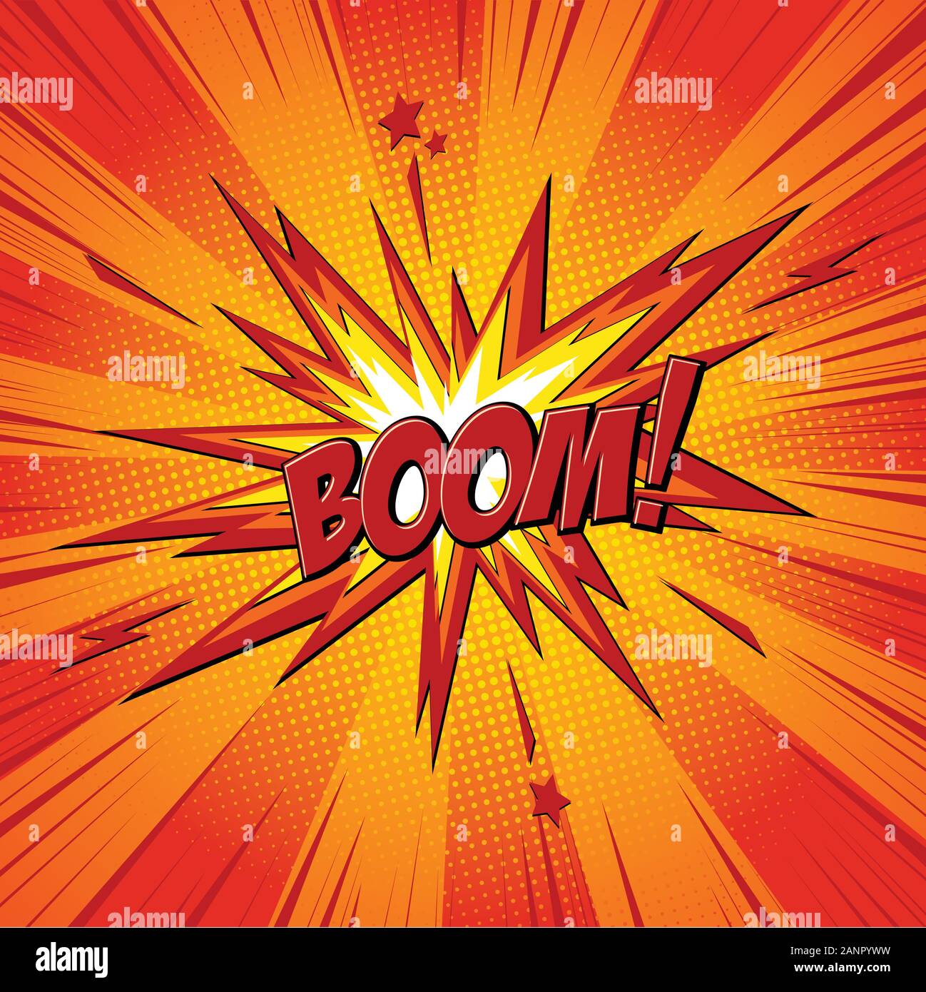 Boom testo fumetto discorso bolla. Effetto sonoro bang icona a forma di nuvola di colore lettering frase. Illustrazione Vettoriale su sfondo rosso. Illustrazione Vettoriale