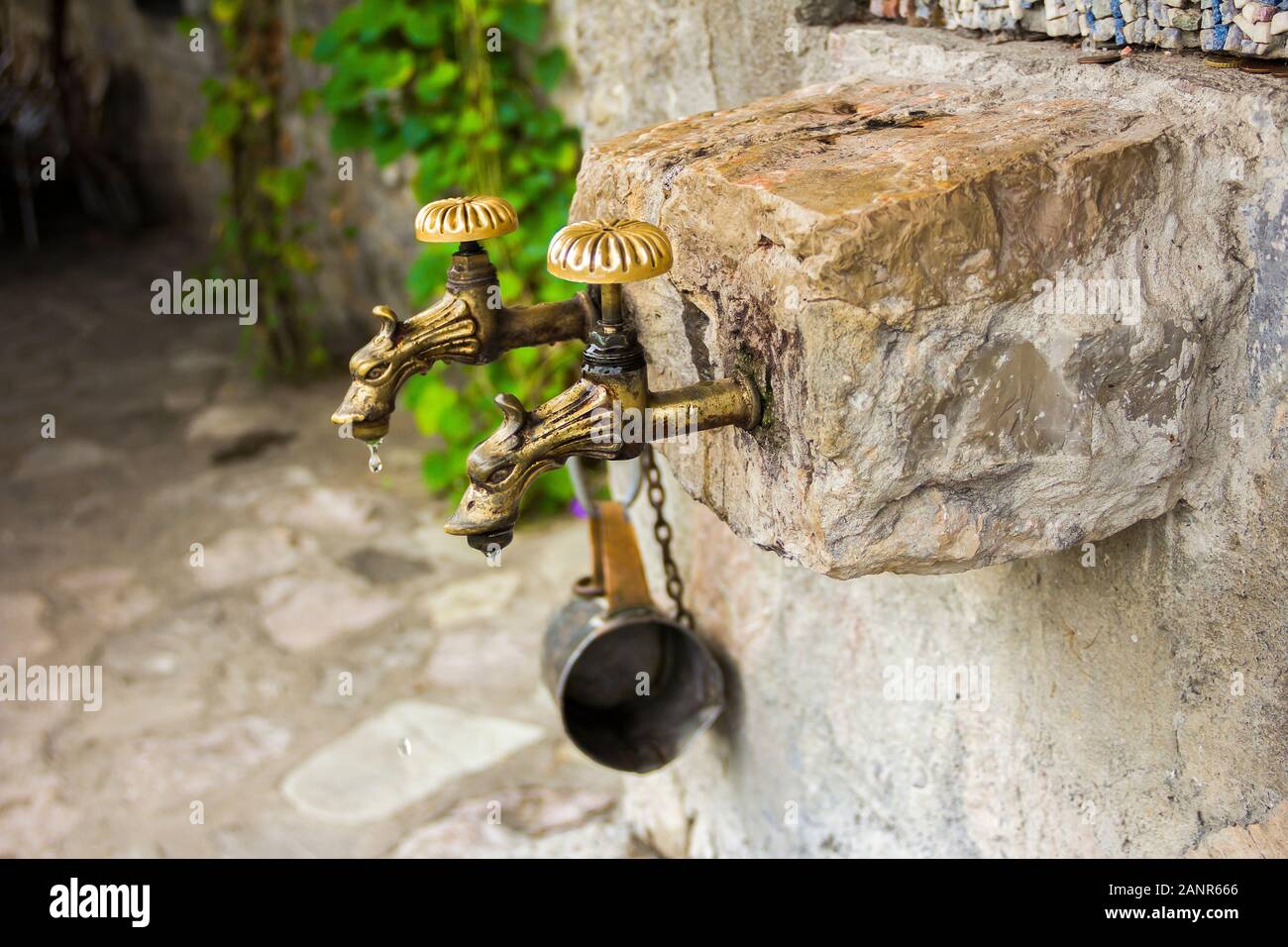 L'acqua santa a molla e icona della Santa Vergine sul territorio serbo del monastero ortodosso (chiostro) Moracha in Montenegro Foto Stock
