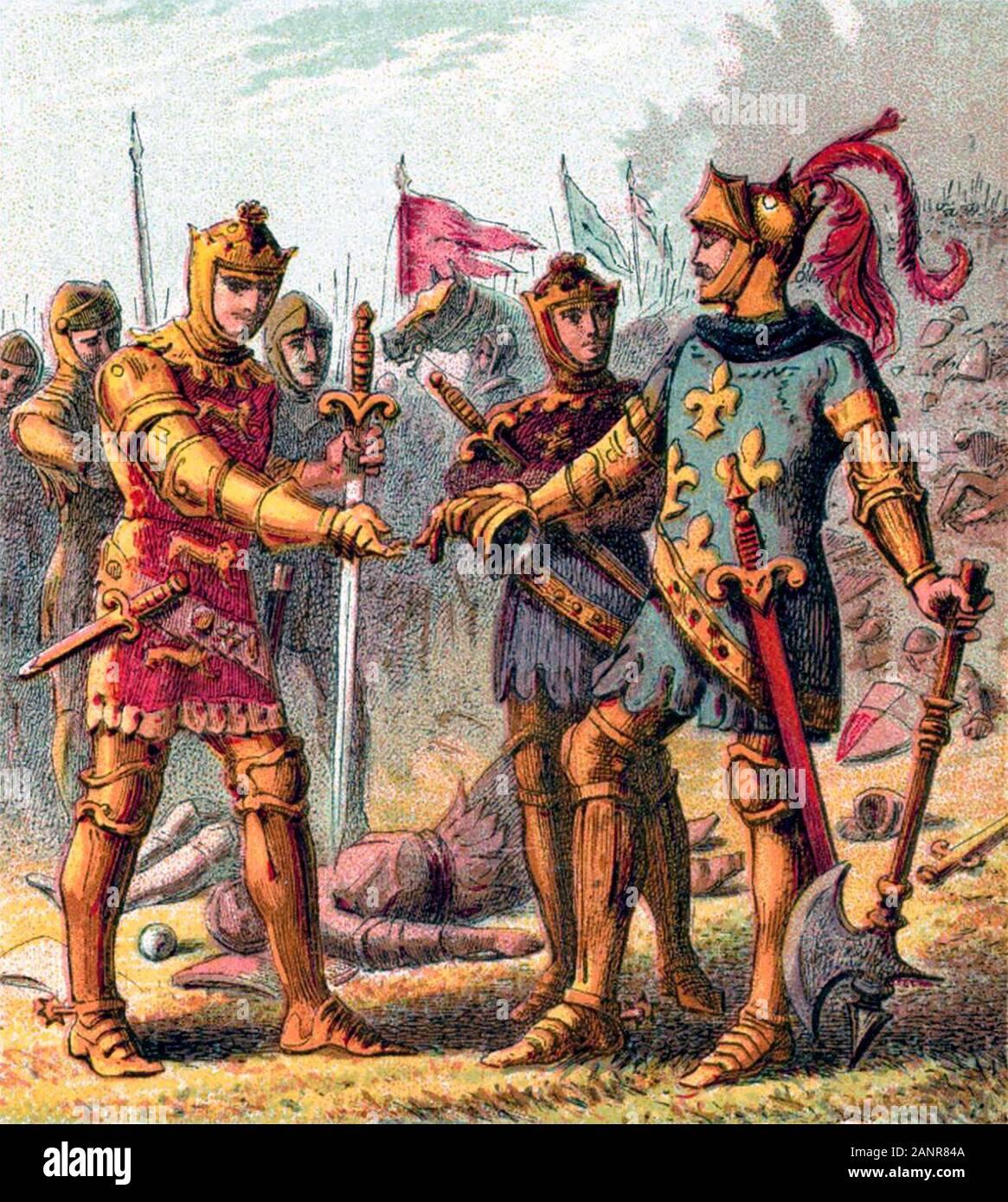 Edward, il Principe Nero, accetta la rinuncia di Giovanni II di Francia in occasione della battaglia di Poitiers. Foto Stock