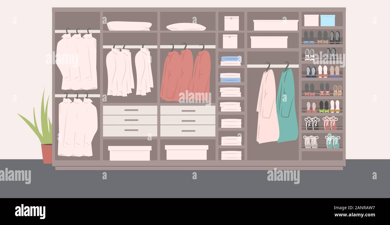 Grande armadio con diverse scarpe eleganti e vestiti in ambienti interni moderni spogliatoio interno orizzontale illustrazione vettoriale Illustrazione Vettoriale