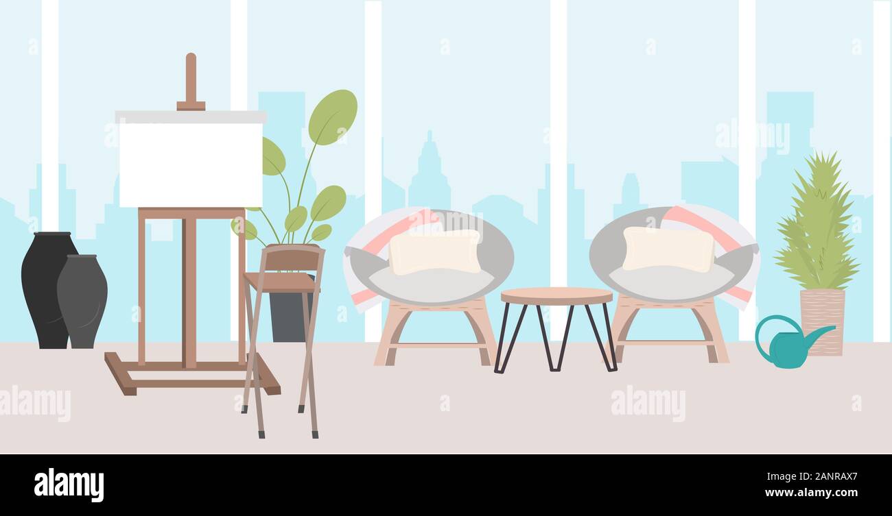 Cavalletto con vuoto tela vuota ufficio moderno salotto o creative art studio di interior orizzontale illustrazione vettoriale Illustrazione Vettoriale