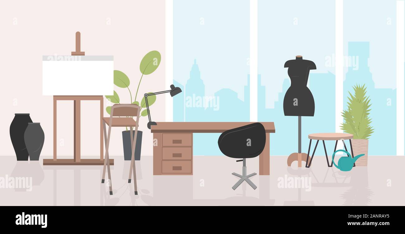 Ufficio moderno interior workplace cavalletto con vuoto tela vuota manichino nessun popolo cabinet orizzontale interna illustrazione vettoriale Illustrazione Vettoriale
