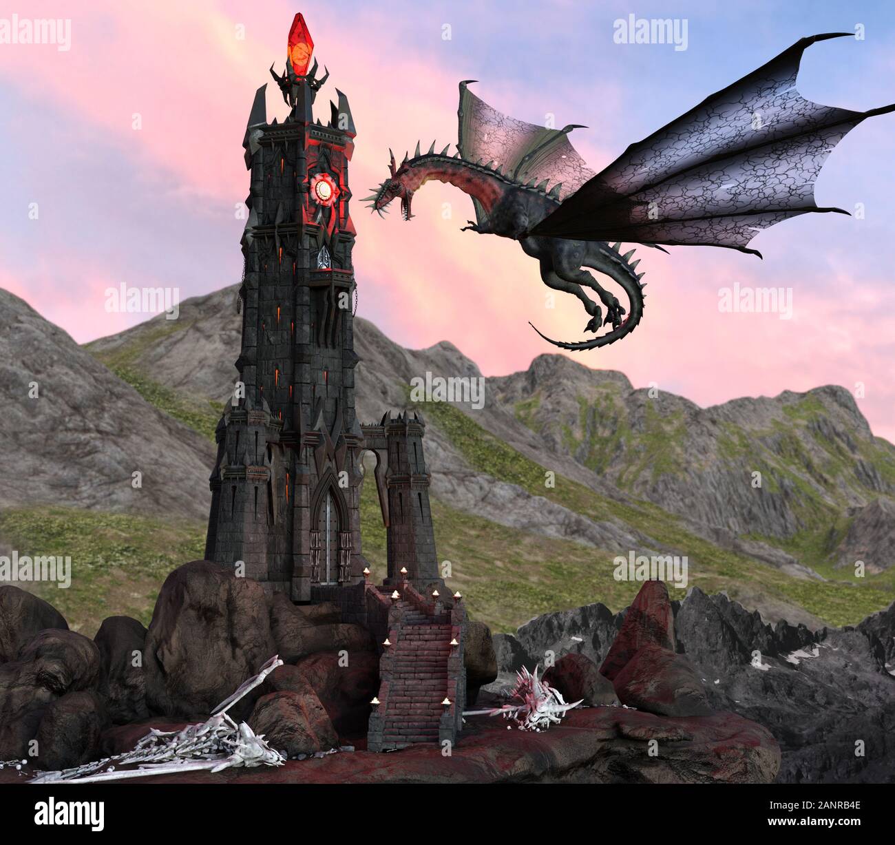 Illustrazione 3D di Fantasy Dragon e Dark Tower Foto Stock
