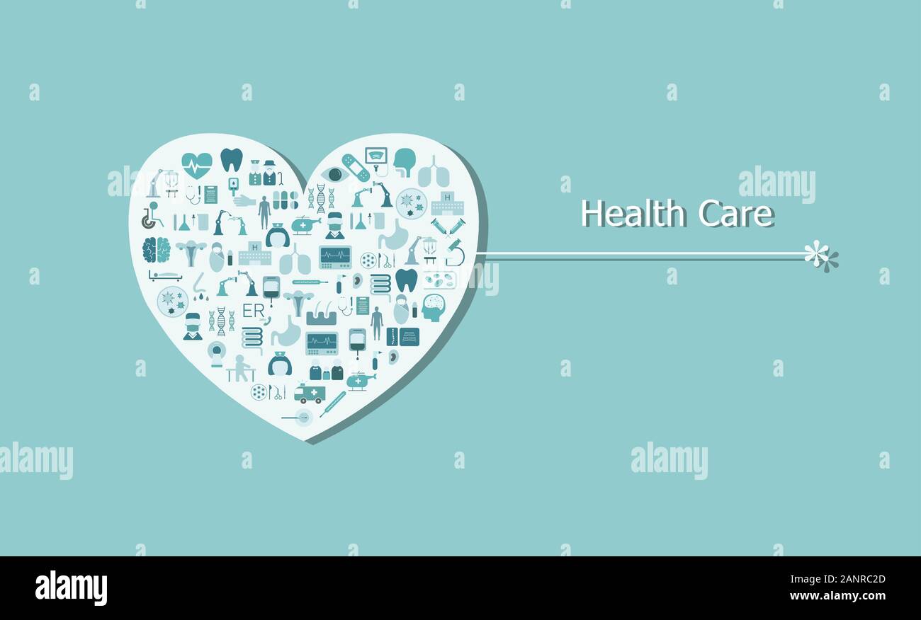 Health care concetto medico con icone sulla forma di cuore design piatto illustrazione vettoriale Illustrazione Vettoriale