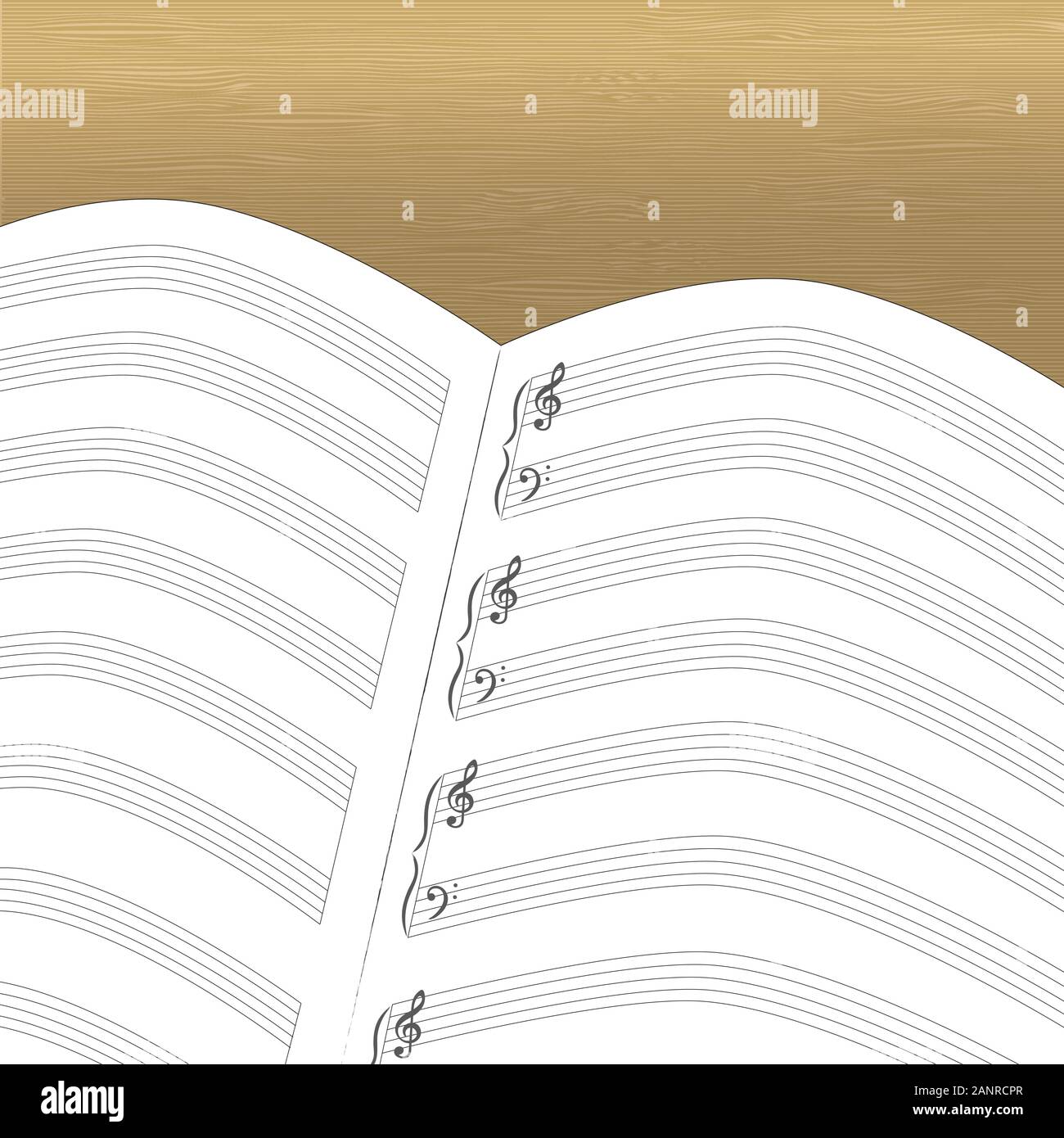 Musica vuote notebook con alti e bassi sul tavolo di legno Illustrazione Vettoriale