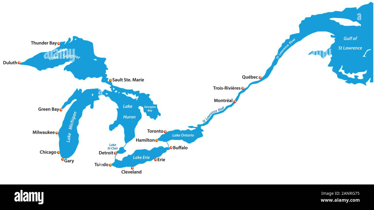 Mappa della regione dei Grandi laghi e di San Lorenzo con le città principali Illustrazione Vettoriale