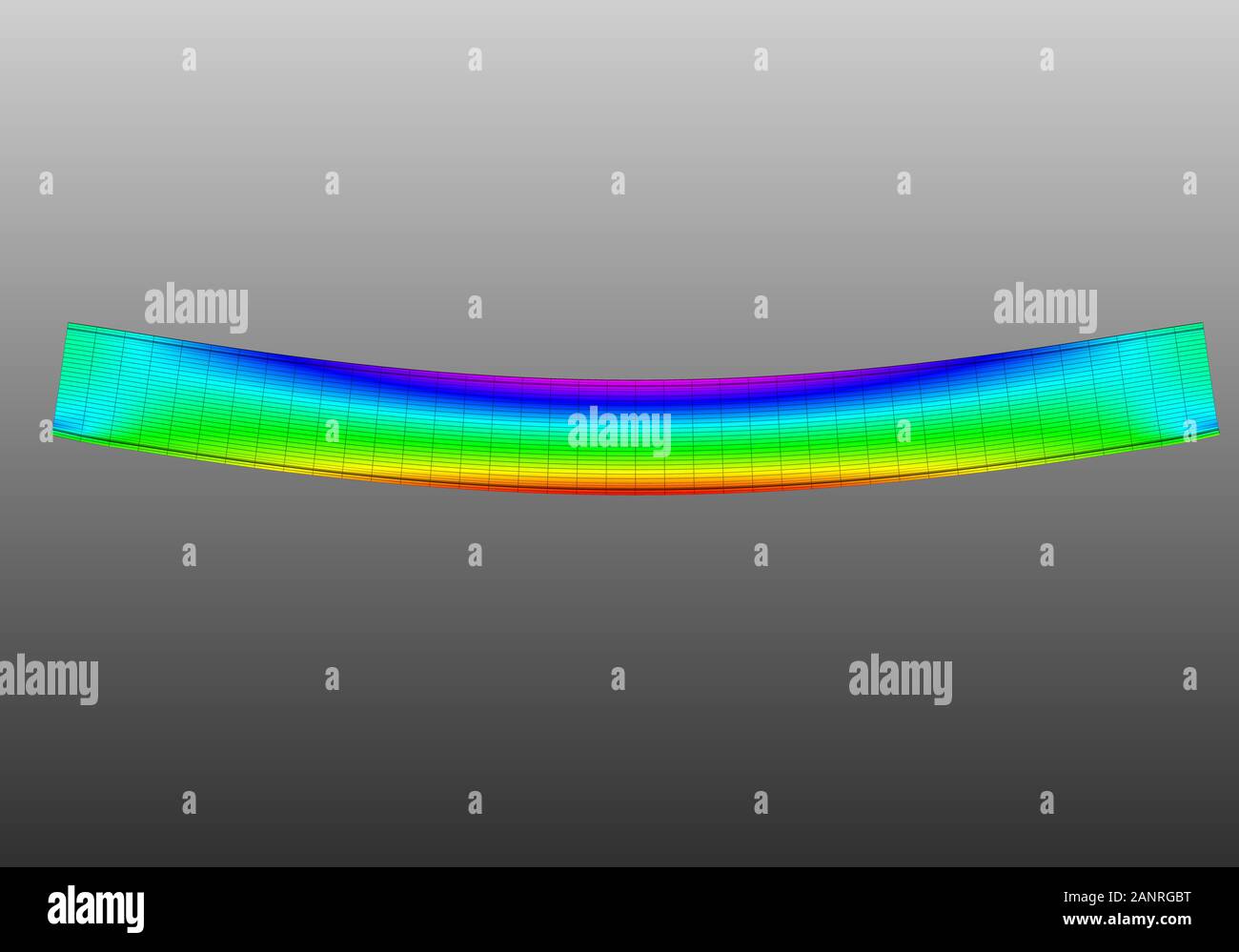 Una semplice piegatura della trave ad i supportata. Vista laterale 3D della deformazione della mesh e grafico delle sollecitazioni normali derivanti dall'analisi degli elementi finiti sul dorso grigio Foto Stock