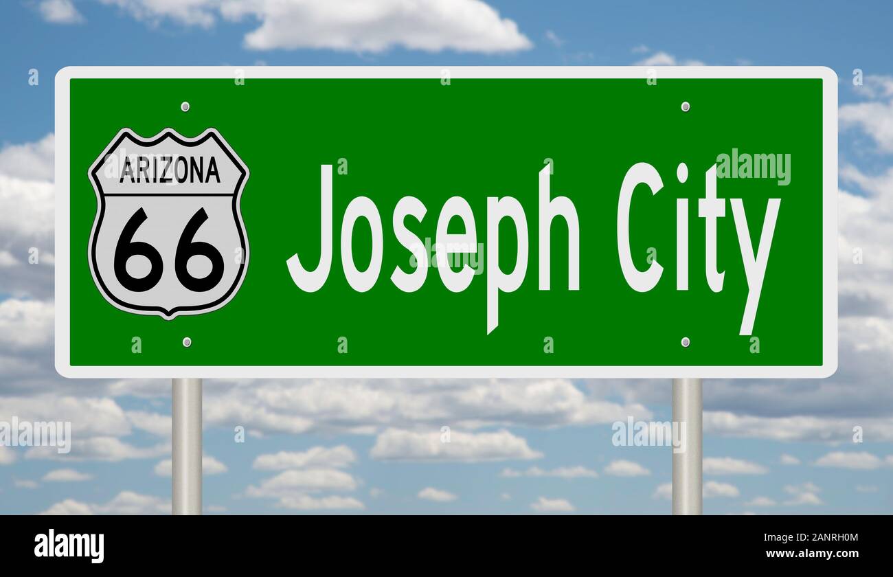 Rendering di un cartello verde 3d per Joseph City Arizona sulla Route 66 Foto Stock