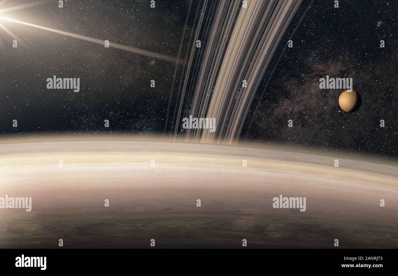 Vista dell'artista del pianeta Saturno e la sua luna Titan Foto Stock