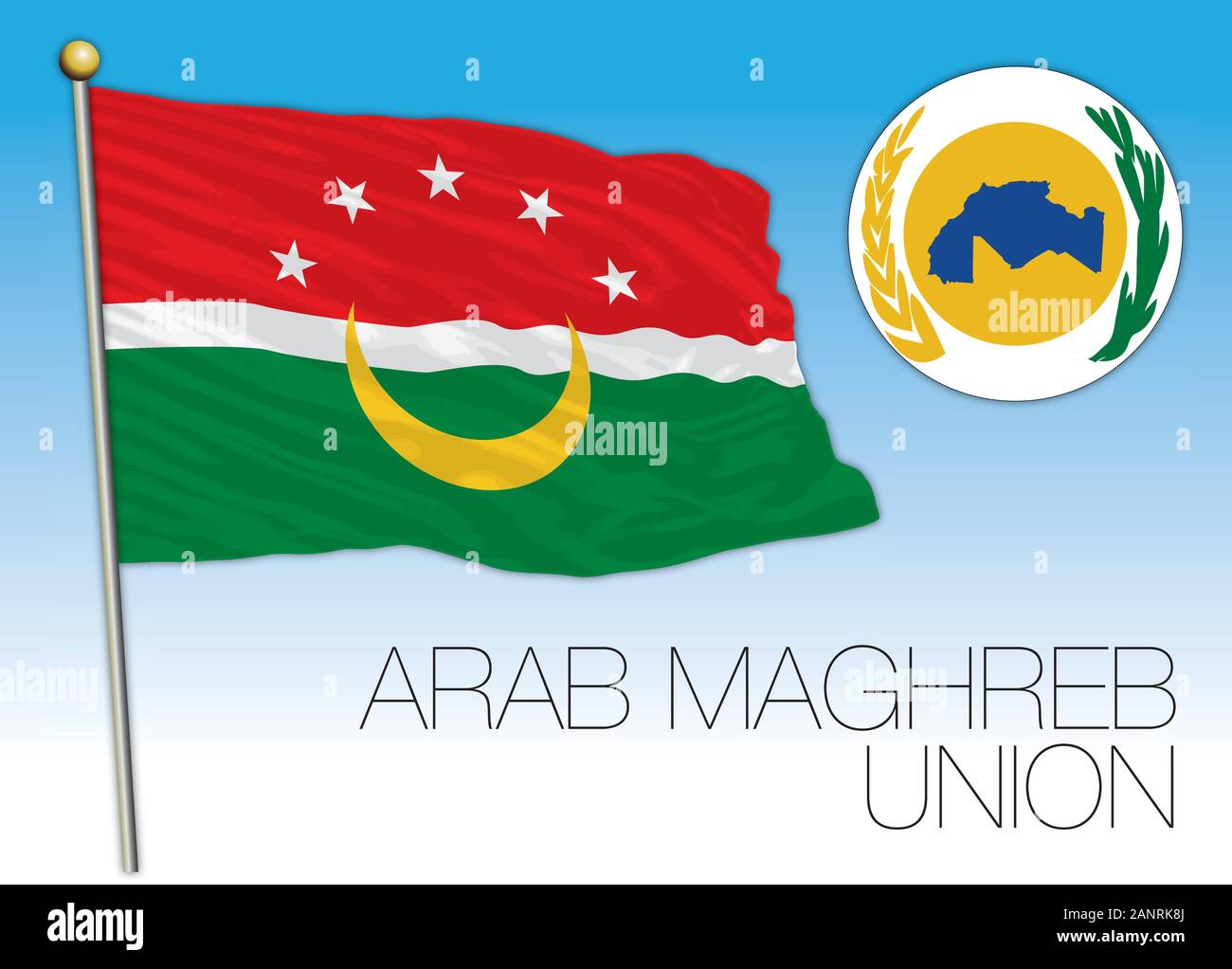 Unione del Maghreb arabo bandiera ufficiale e stemma, Nord Africa, illustrazione vettoriale Illustrazione Vettoriale