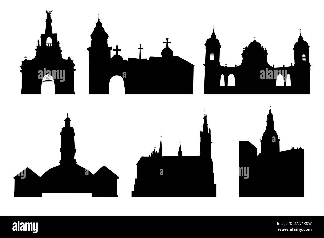 Set di una silhouette chiese isolate su sfondo bianco. Chiesa medievale di palazzi, templi,cattedrali, palazzi, edifici antichi collezione.vettore Illustrazione Vettoriale