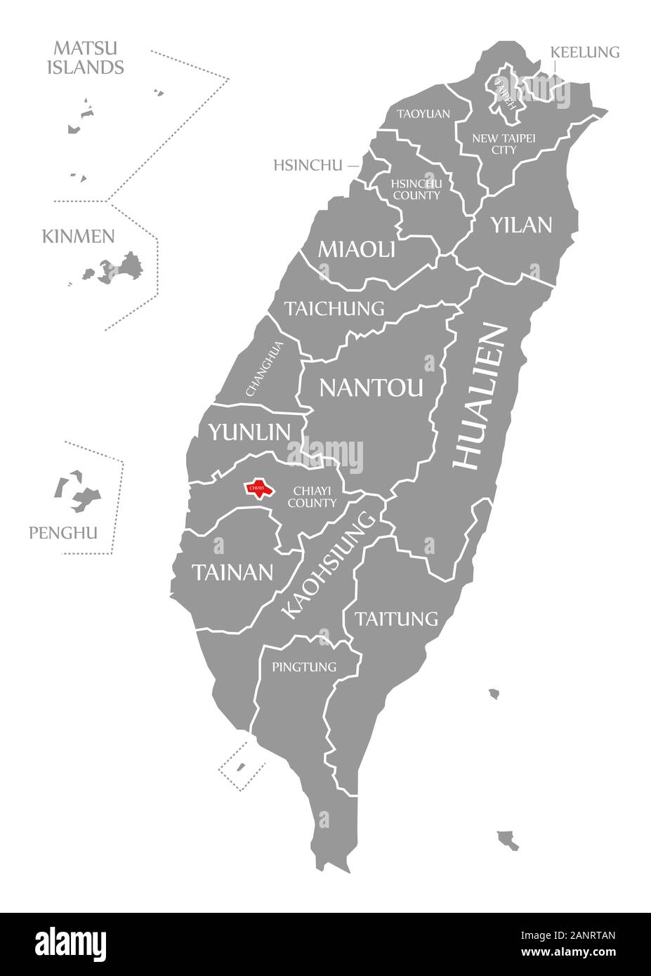 Chiayi evidenziata in rosso nella mappa di Taiwan Foto Stock