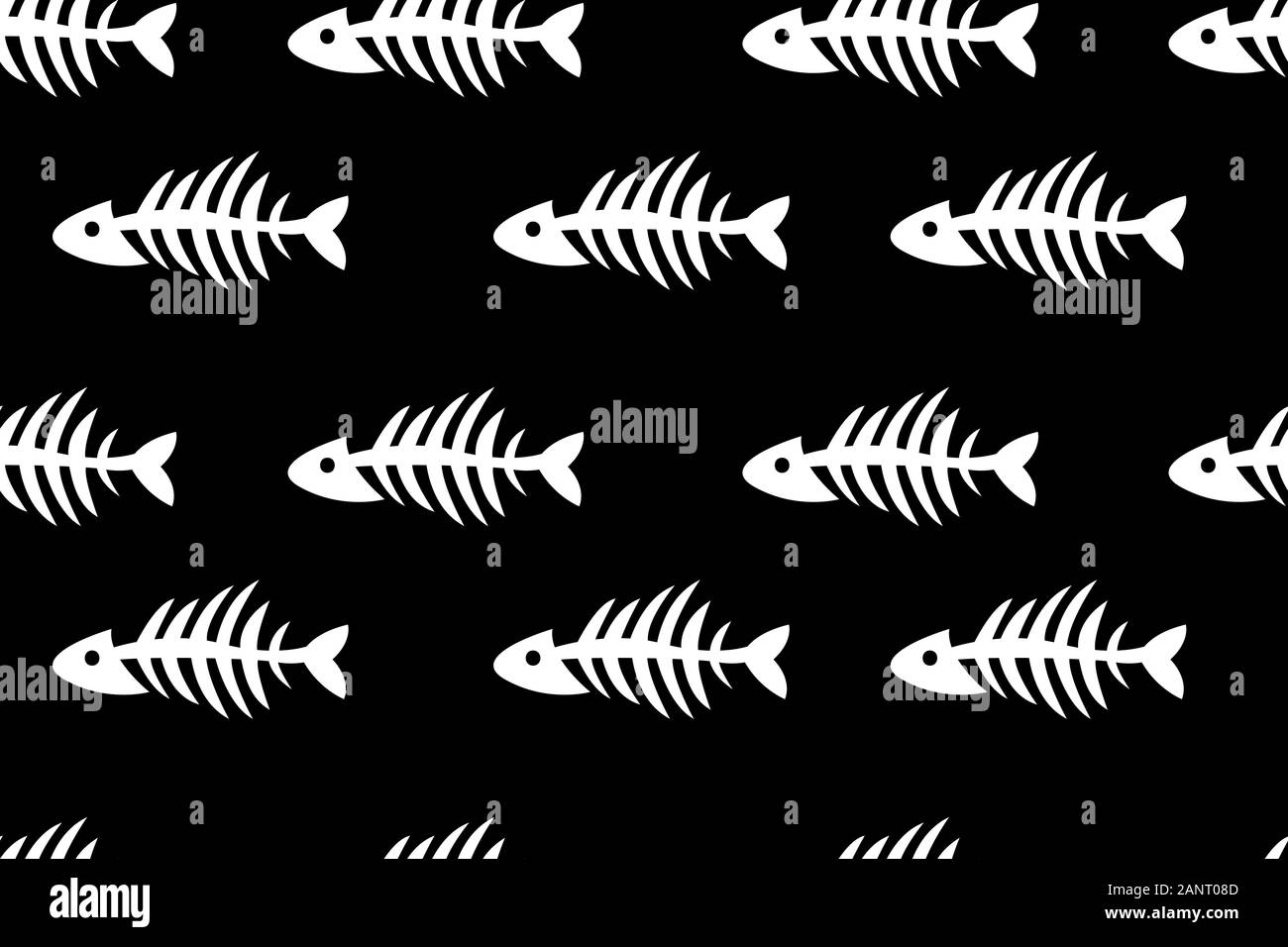 Scheletri di pesci, seamless pattern di moda, ripetere lo sfondo con pesci, ossa, animale, banner per stampa tessile, tessuto, vettore in bianco e nero illustrazione Illustrazione Vettoriale