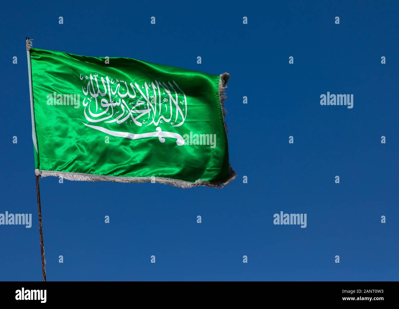 Saudi Arabian bandiera nel vento contro il cielo chiaro, Al Madinah Provincia, Yanbu, Arabia Saudita Foto Stock