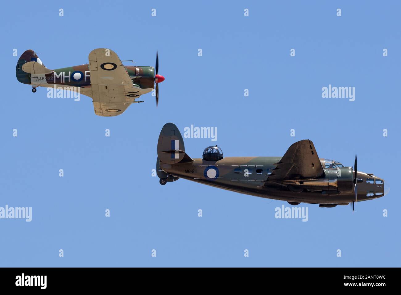Lockheed Hudson twin motore bombardiere leggero e costiere aerei di ricognizione di volare in formazione con il Commonwealth Aircraft Corporation figh Boomerang Foto Stock