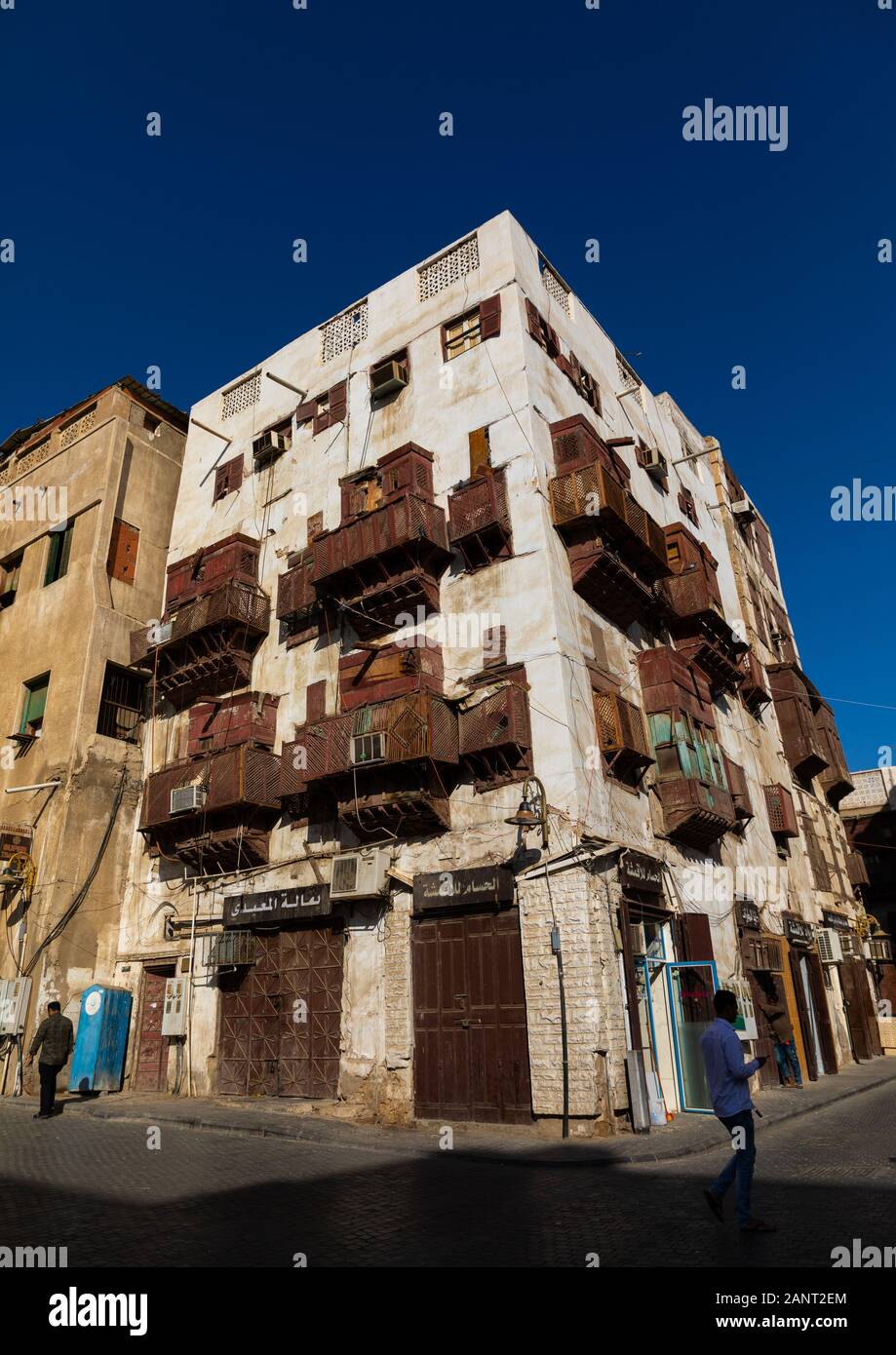 Casa storica con mashrabiyas in legno di al-Balad trimestre, Mecca provincia, Jeddah, Arabia Saudita Foto Stock
