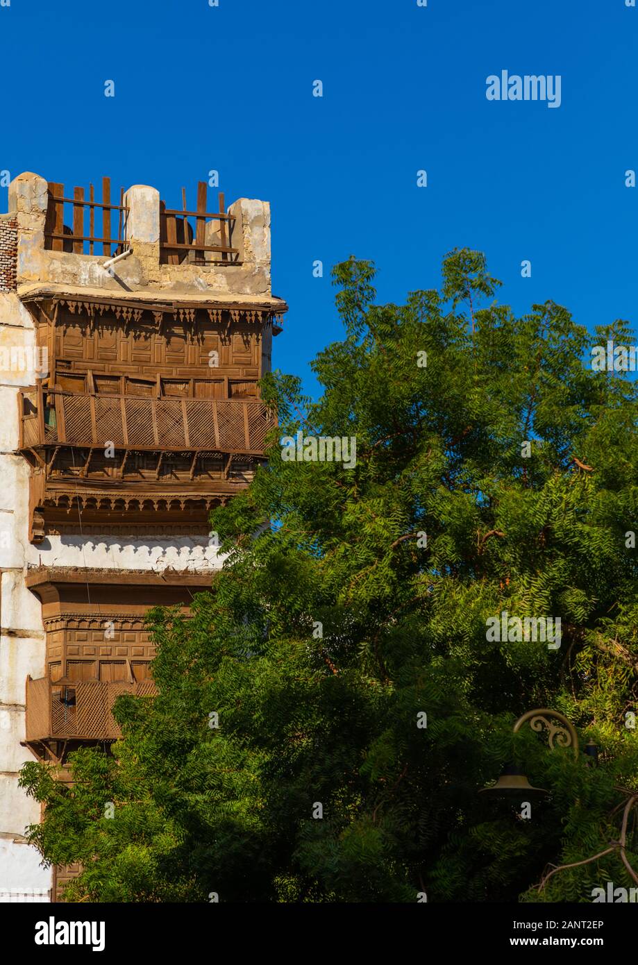 Casa storica con mashrabiyas in legno di al-Balad trimestre, Mecca provincia, Jeddah, Arabia Saudita Foto Stock