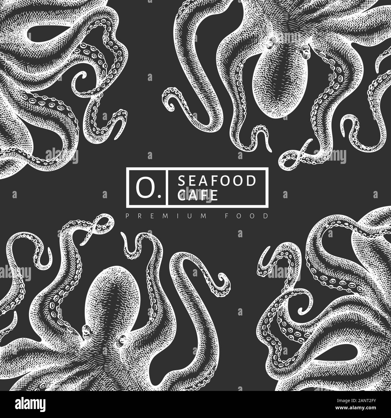 Octopus Design modello. Disegnata a mano vettore illustrazione di frutti di mare su chalk board. Stile inciso squid banner. Vintage sfondo zoologia Illustrazione Vettoriale