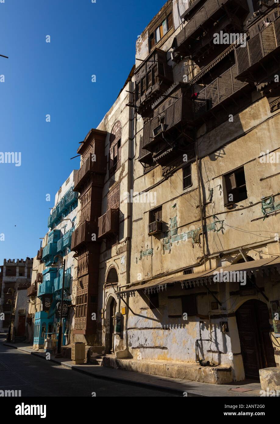Casa storica con mashrabiyas in legno di al-Balad trimestre, Mecca provincia, Jeddah, Arabia Saudita Foto Stock
