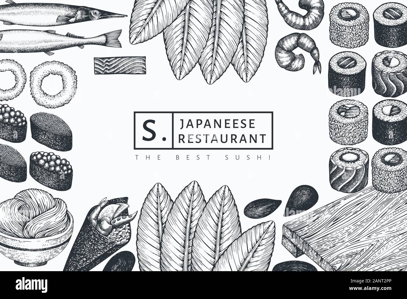 La cucina giapponese modello di disegno. Sushi disegnati a mano illustrazioni vettoriali. In stile vintage sian cibo sfondo. Illustrazione Vettoriale