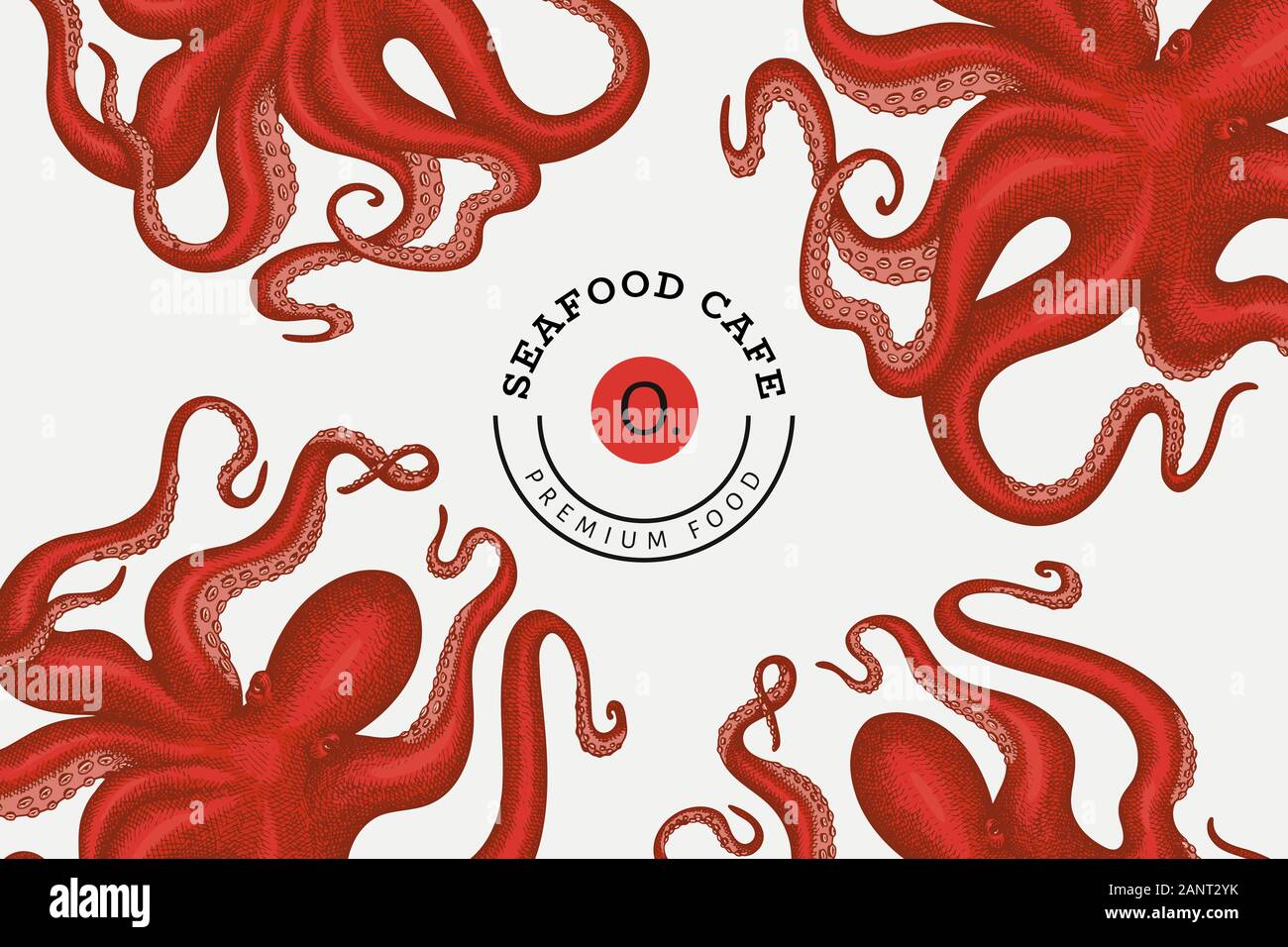 Octopus Design modello. Disegnata a mano vettore illustrazione di frutti di mare. Stile inciso squid banner. Vintage sfondo zoologia Illustrazione Vettoriale
