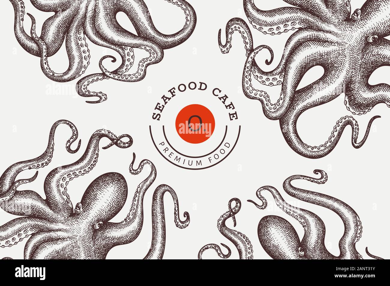 Octopus Design modello. Disegnata a mano vettore illustrazione di frutti di mare. Stile inciso squid banner. Vintage sfondo zoologia Illustrazione Vettoriale
