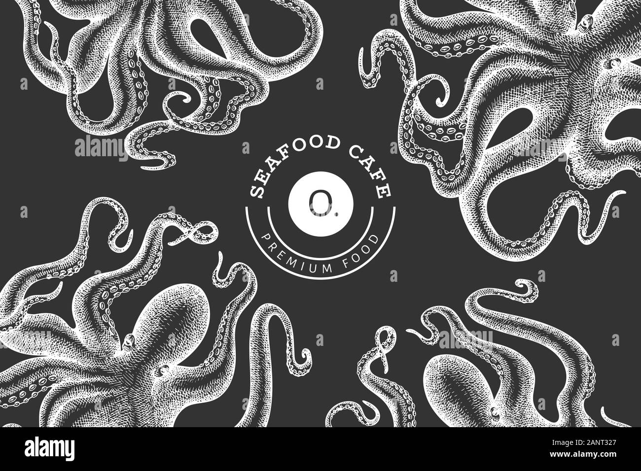 Octopus Design modello. Disegnata a mano vettore illustrazione di frutti di mare su chalk board. Stile inciso squid banner. Vintage sfondo zoologia Illustrazione Vettoriale